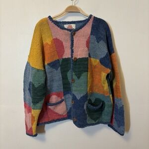 VTG AMANO Hand Knit 100% Wool Heart Patchwork Cardigan Sweater Love DESC